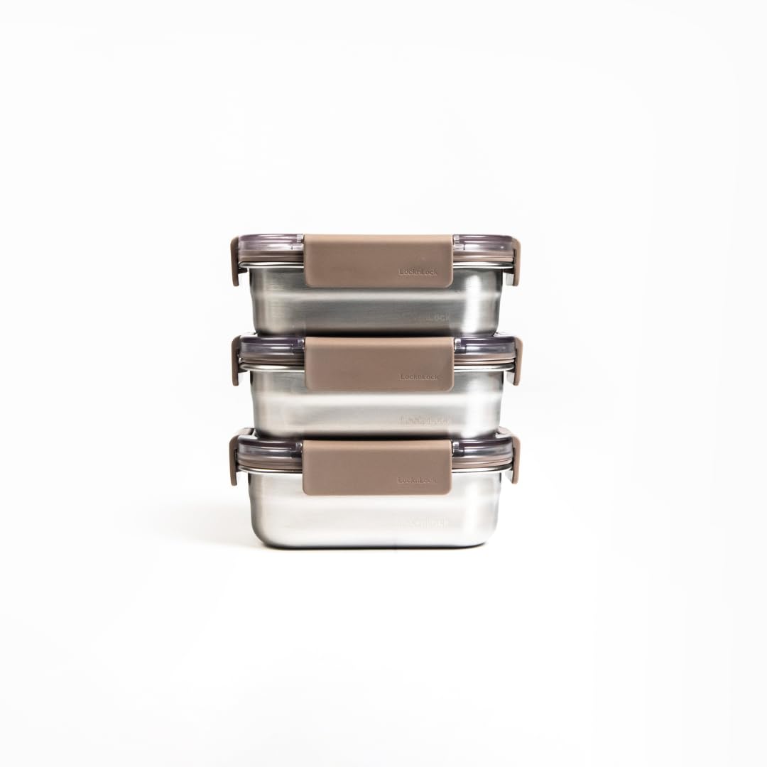 LocknLock Stainless Steel Food Storage Containers with Lids, Metal Lunch Boxes, Leak-Proof, Microwave, Freezer and Dishwasher Safe, 3-Piece Set, 3 x 310ml