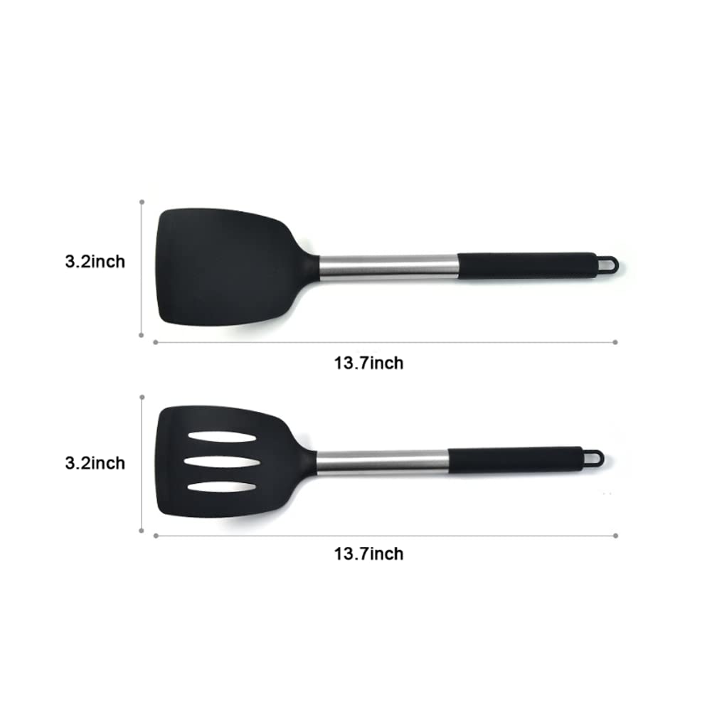 HOIRIX 2Pack Small Silicone Turner High Heat Resistant Slotted Spatula for Fish, Eggs, Pancakes and More (Set of 2, Black2)