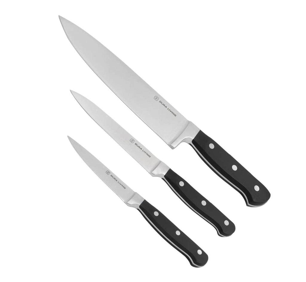 DURA LIVING Premium 4-Piece Steak Knife Set – Sharp Serrated Blades, Forged High Carbon Stainless Steel, Full Tang, Ergonomic Handle, Black – Perfect for Dining