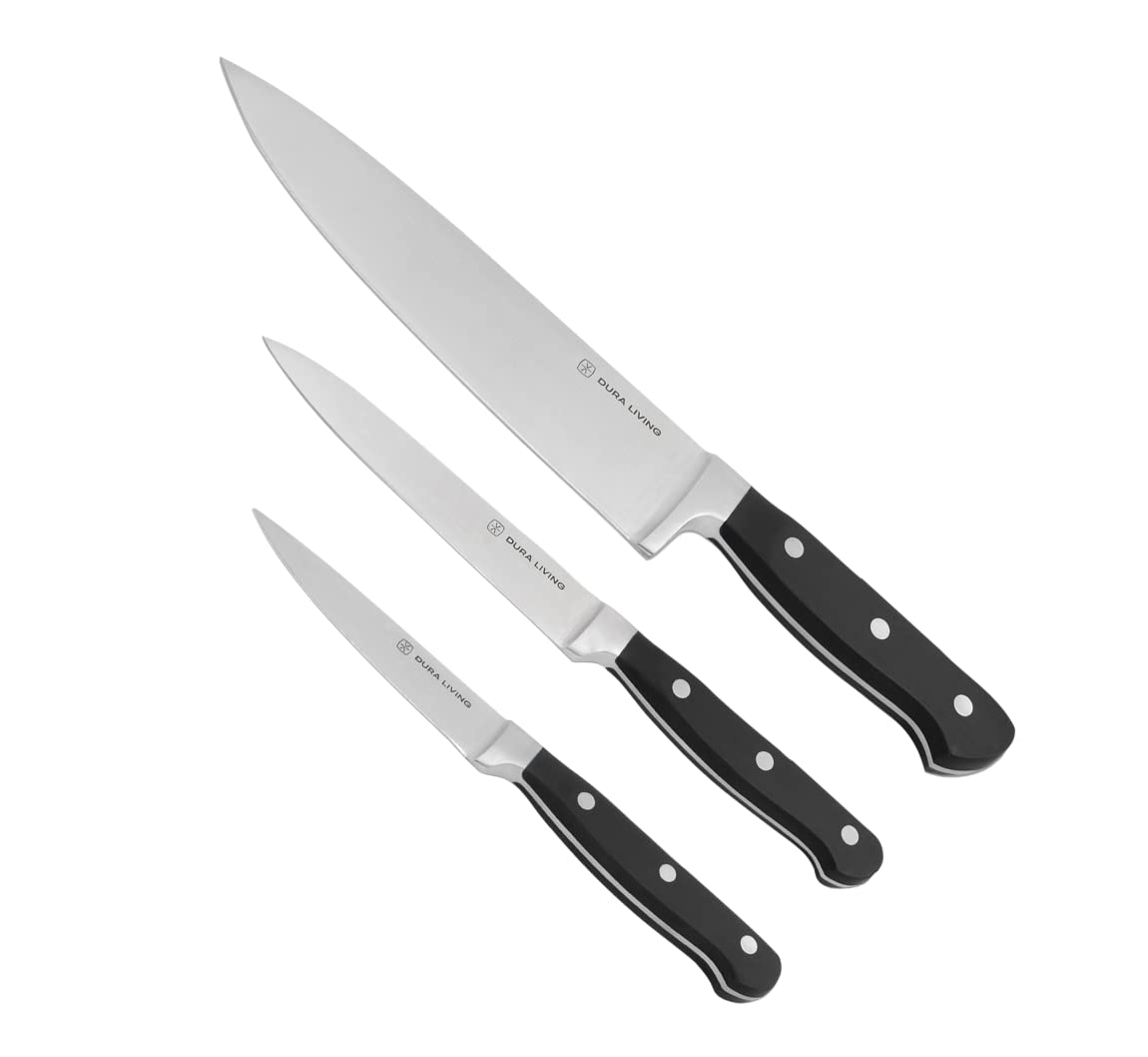 DURA LIVING Premium 4-Piece Steak Knife Set – Sharp Serrated Blades, Forged High Carbon Stainless Steel, Full Tang, Ergonomic Handle, Black – Perfect for Dining