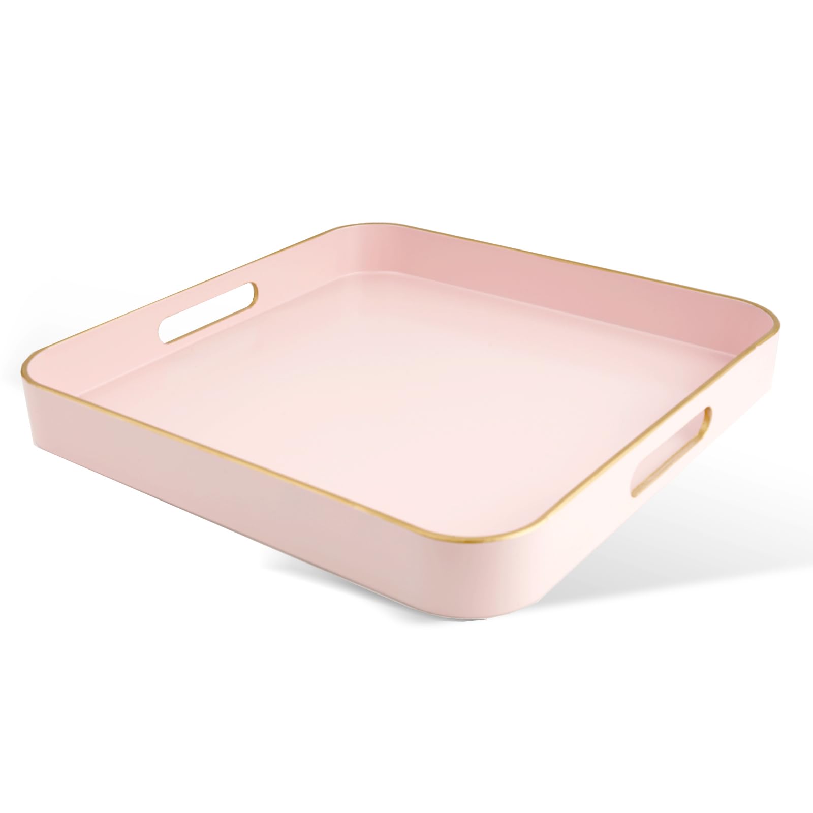 Gifturbo Pink Square Decorative Tray,Serving Tray with Handles with Gold Trimming Plastic Coffee Table Tray for Ottoman, Living Room, Home Decor,Bathroom with Gold Trimming, 13” x 13” x1.57”