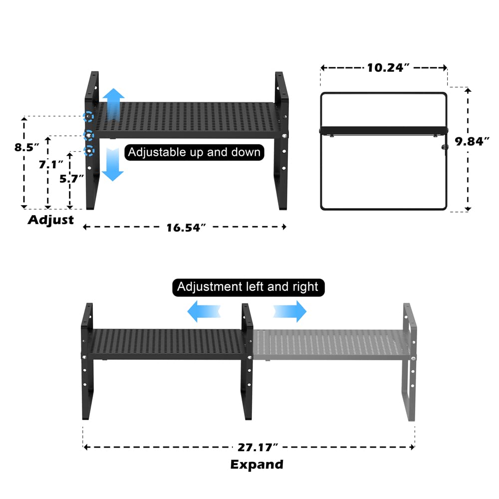 MIYUPTC Expandable Cabinet Shelf Organizers, Stackable Cabinet Pantry Counter Under Sink Shelves Storage Shelf Rack for Kitchen Home Office, 10.24" W Black, 3 Pack