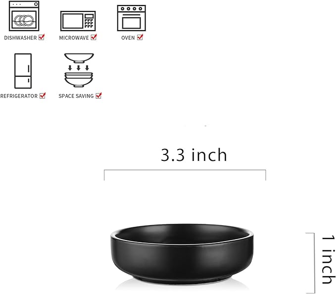 Selamica Ceramic 3.3 Inch Soy Sauce Dish Dipping Bowls Side Dishes Small Appetizer Pinch Bowls for Condiments, Sushi, Ketchup, BBQ-Set of 6(Matte Black)