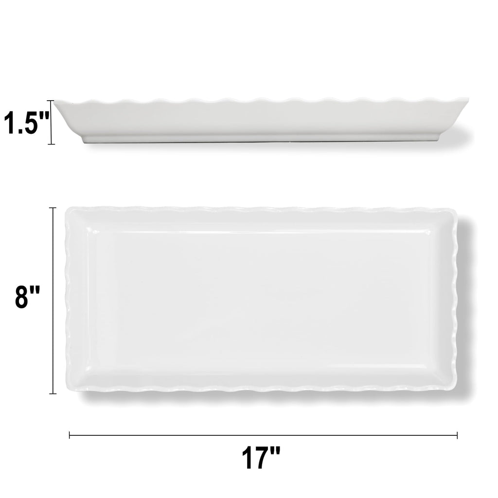 KAQAHIDO 17" x 8" x 1.5" White Serving Tray Set, Wave Edge Melamine Platters for Cookie, Appetizer, Charcuterie, Snack, Dessert, Party Food Display, Stackable, Set of 2