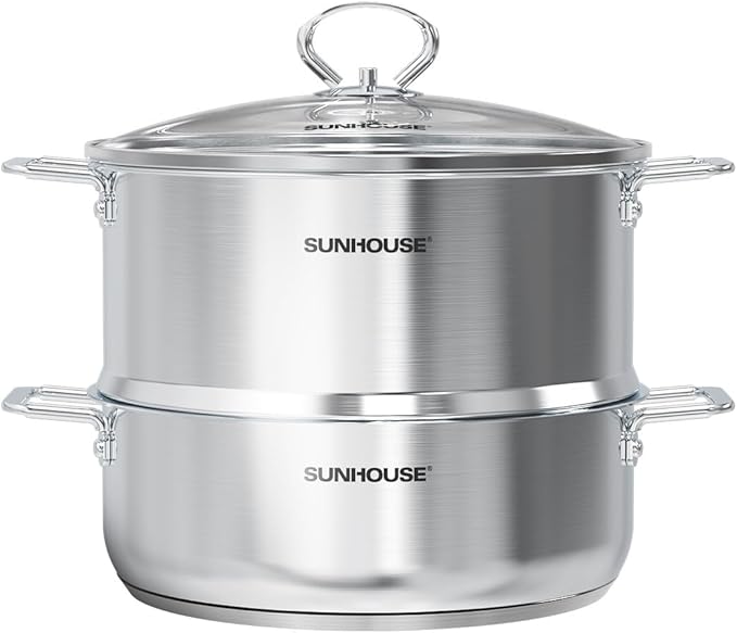 Sunhouse: 2-Tier Stainless Steel Steamer Pots - 5.5 Quart - Tempered Glass Lid, 3-Ply Bottom, Vegetable-Dumpling-Food Cookware, Dishwasher & Oven Safe