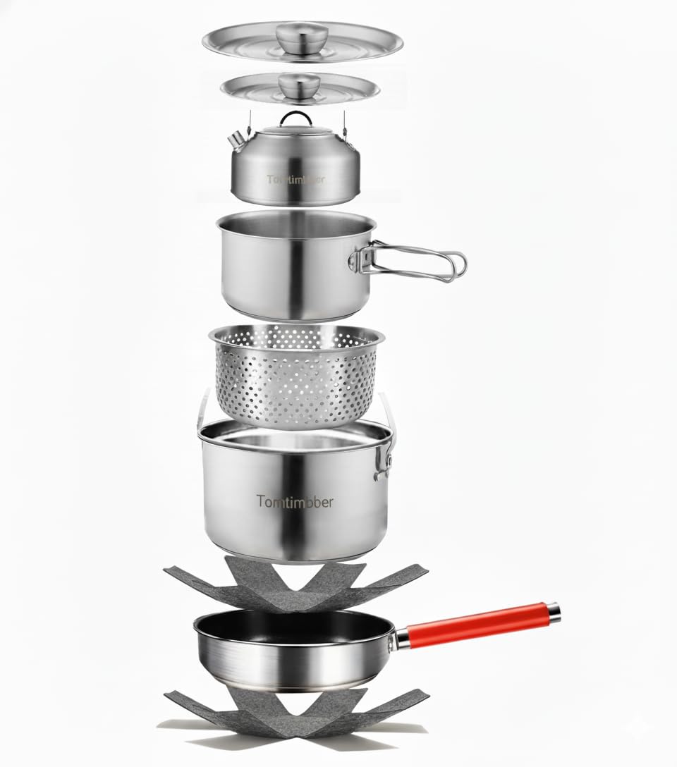Tomtimbber Camping Cookware Set 304 Stainless Steel Cooking Pots Pan Set with Travel Tote Bag for Camping Outdoor Kitchen Cooking Picnic for 4-6
