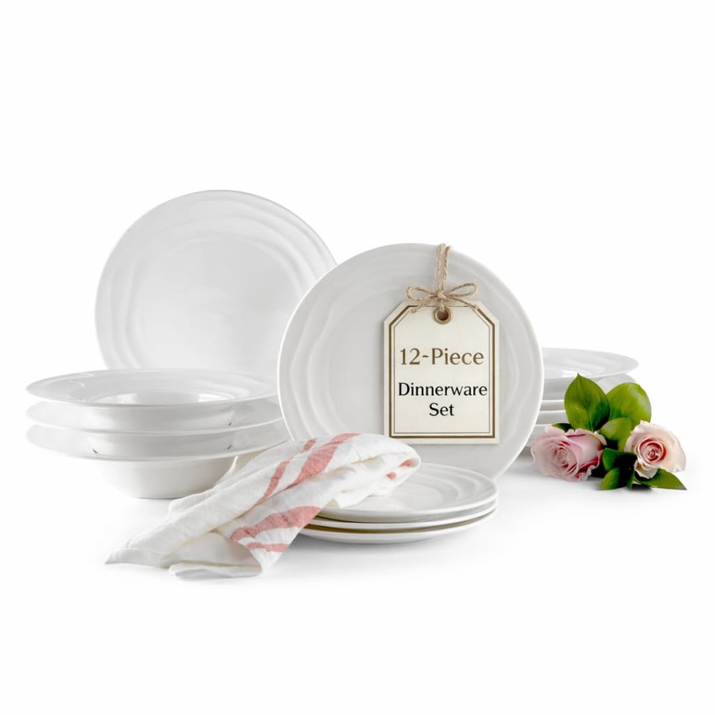 Pots & Patterns Organic Wave Dinnerware Set, 12-Piece Nature-Inspired Porcelain Dinner Plates & Bowls Set for 4, Wide Rimmed Pasta Bowls, Modern White Dishes for Hosting, Dishwasher & Microwave Safe