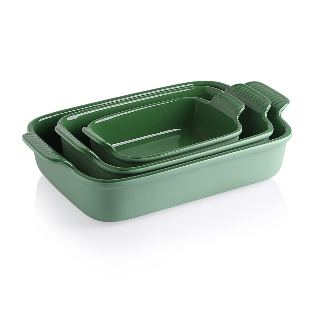 Sweejar Baking Pans Set, Ceramic 9x13 Baking Dish with Handle, Rectangular Casserole Dishes for Oven, Bakeware Sets of 3, Durable Lasagna Pan Deep for Kitchen, Banquet, Wedding Gift(Green)