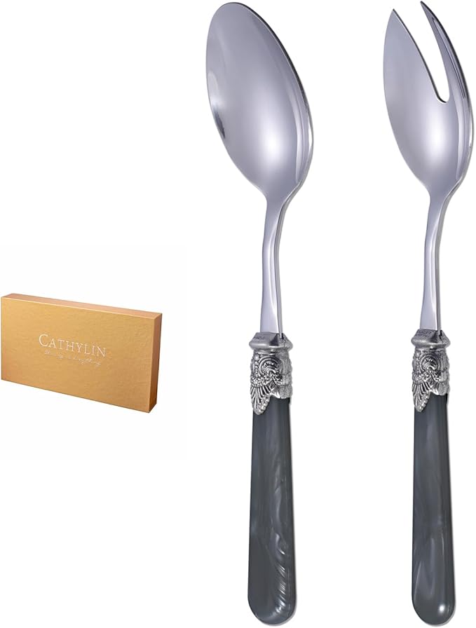 CATHYLIN 2-piece Salad Servers Stainless Steel Salad Serving Set Salad Fork and Spoon (Grey)