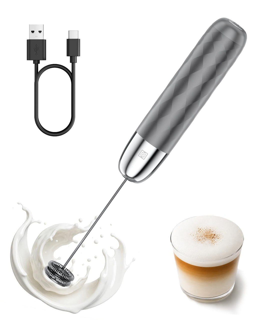 Maestri House Rechargeable Milk Frother, Handheld Electric Foam Maker Detachable Stainless Steel Whisk Drink Mixer Foamer Mini Blender for Matcha, Lattes, Cappuccino, No Stand (White and Silver)