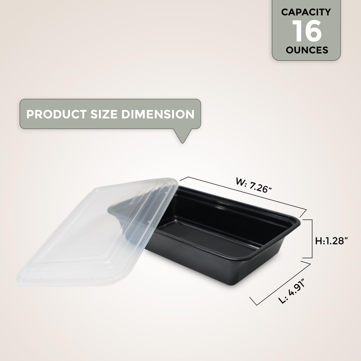 Klex 16 Oz, 50 Sets Meal Prep Containers with Airtight Lids, BPA Free, Reusable Plastic Food Container, 16 oz, Rectangular, Black/Clear, 50 Sets