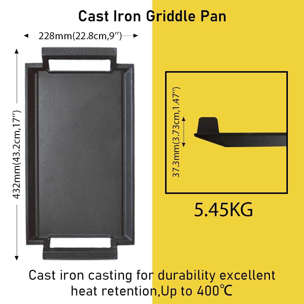 COVERCOOK Griddle Pan, Cast Iron Grill Hot Plate, Rectangular Grill with Flat Surface for Electric Stove Top and Induction Cooktop,16.7 x 9.1in