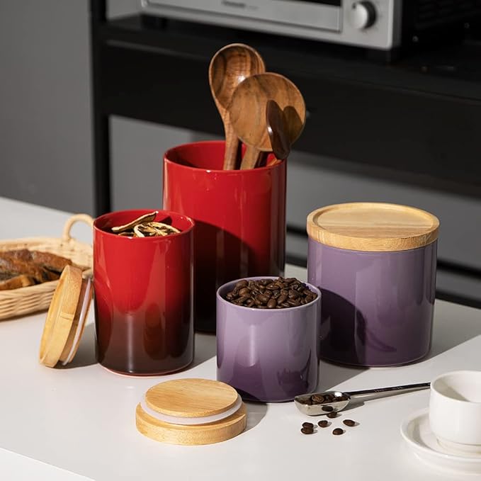 Sweejar Ceramic Food Storage Jar, Stackable Kitchen Canisters, Containers with Airtight Seal Wooden Lid for Serving Ground Coffee, Tea, Sugar, Salt and More - 28 Fl Oz (Gradient Purple)