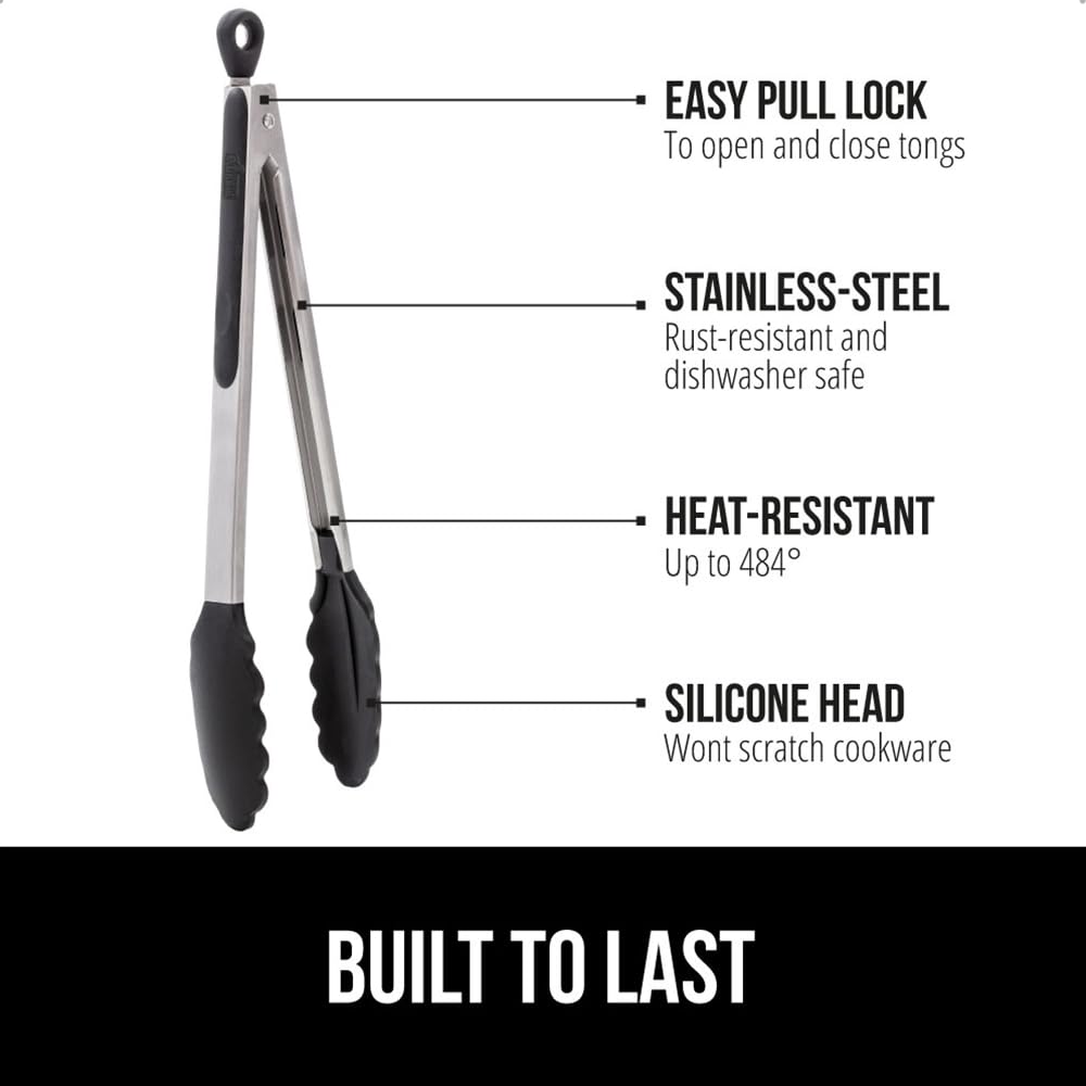 GORILLA GRIP Stainless Steel BPA-Free Kitchen Tongs for Cooking, 7+9+12 Inch, Heat Resistant BBQ Tong Set of 3, Non Scratch Silicone Tip for Pan, Strong Grip, Grab Food, Toss Salad, Pull Lock, Black