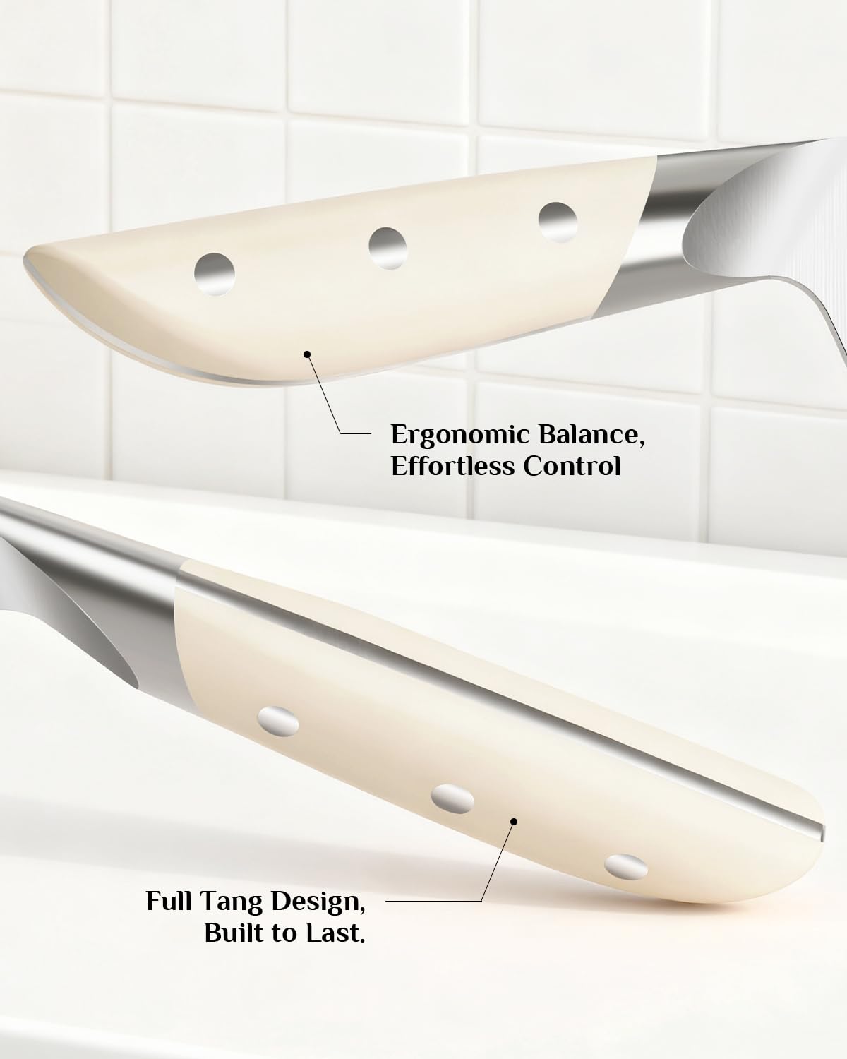 Haugo Kitchen Knife Set with Block: 14-Piece German Stainless Steel Full Tang Professional Knife - Comfortable Grip Reduces Hand Fatigue 30% - Dishwasher Safe & Sharpener - White Knife Set for Cooking