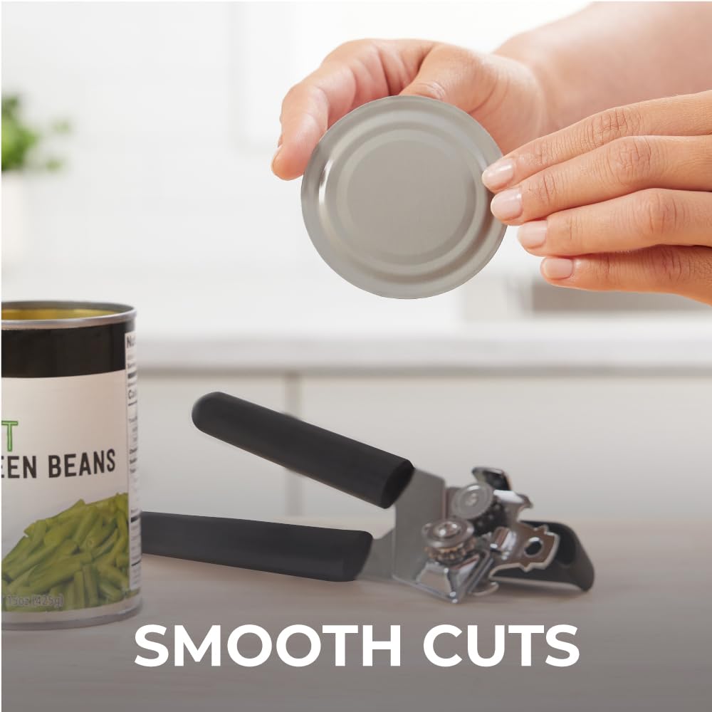 Kitchen Genie Slip Resistant Stainless Steel Manual Can Opener, Sharp Blade for Smooth Edge Cuts, Easily Open Cans, Ergonomic Handles with Easy to Turn Knob, Built-In Bottle Openers, Pitch Black