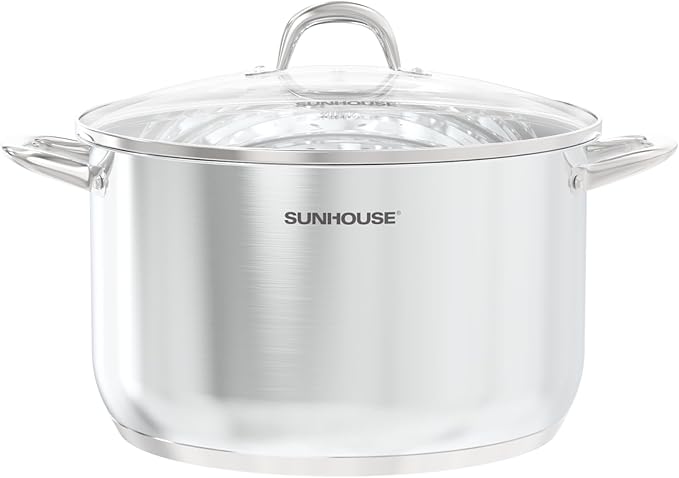 Sunhouse: Stainless Steel Stock Pot - 11 Quart - Tempered Glass Lid, 3-Ply Bottom, Soup-Pasta-Food, Boil-Simmer, All Cooktops, Dishwasher & Oven Safe