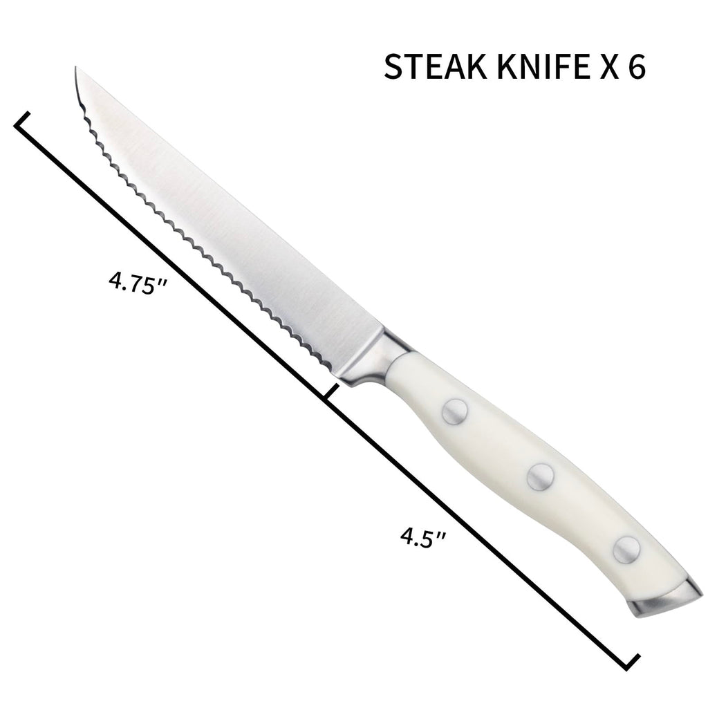 Alata 6-Piece White Steak Knives Set, Stainless Steel Steak Knife set with Serrated Edge, Razor-Sharp, Full-Tang Construction