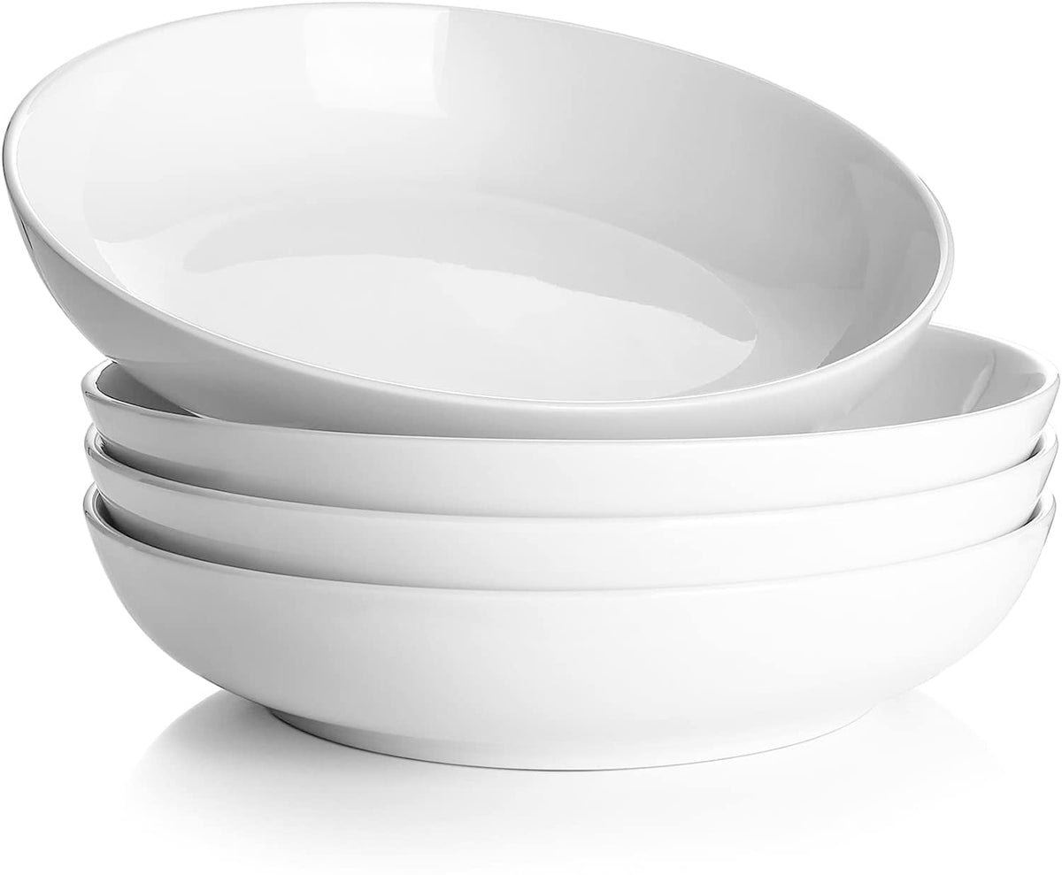 DOWAN 9.75" Pasta Bowls Set of 4, Large Shallow White Ceramic Salad Bowls, 50oz Wide Dinner Bowls for Pasta, Soup, Salad & Stew, Microwave & Dishwasher Safe, Housewarming Gift(Soft White)