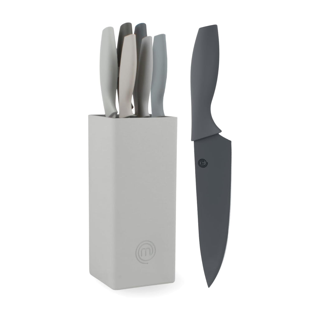 MasterChef Knife Set with Block, 7pc Kitchen Knives Set with Holder, Grey