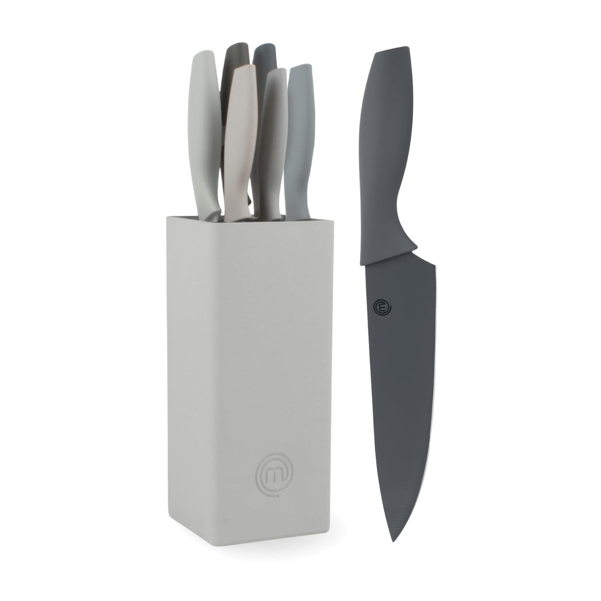 MasterChef Knife Set with Block, 7pc Kitchen Knives Set with Holder, Grey