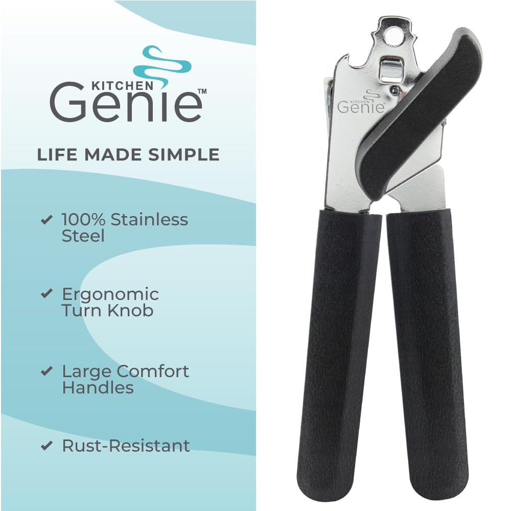 Kitchen Genie Slip Resistant Stainless Steel Manual Can Opener, Sharp Blade for Smooth Edge Cuts, Easily Open Cans, Ergonomic Handles with Easy to Turn Knob, Built-In Bottle Openers, Pitch Black