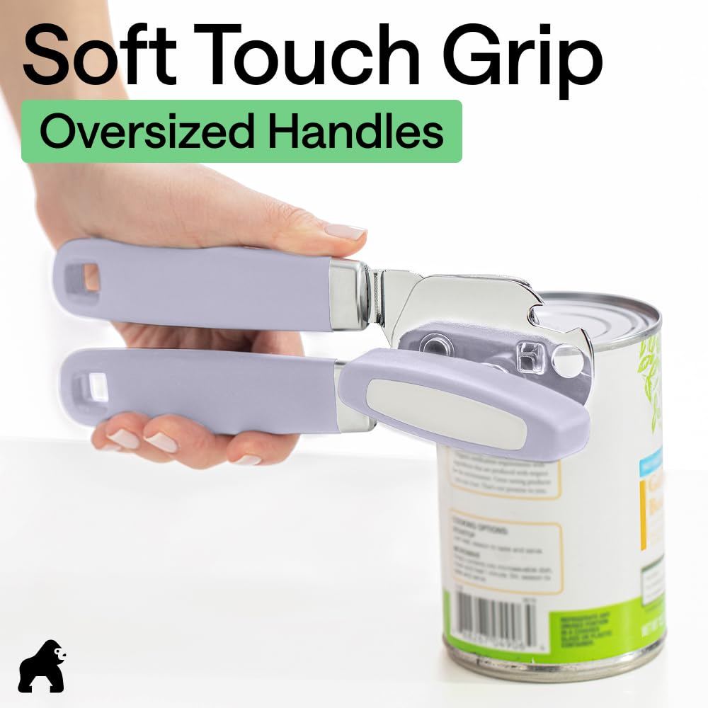 GORILLA GRIP Original Model Stainless Steel Smooth Edge Manual Can Opener and Bottle Openers, US Designed, Comfortable Handle, Oversized Handheld Turn Knob, Multifunctional Kitchen Tool, Lavender