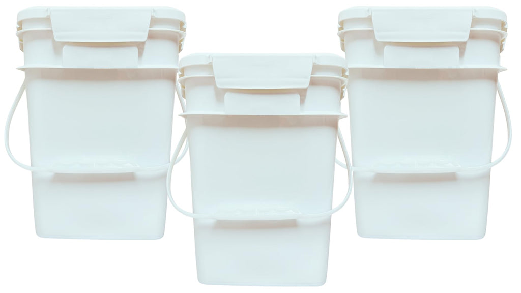 House Naturals 4 Gallon Square Food Grade Bucket Pail with Plastic Handles and Lid (Pack of 3) Made in USA containers (White)
