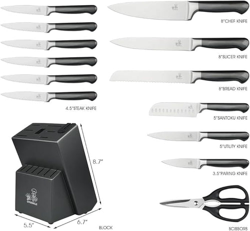 15-Piece Gray Kitchen Knife Set with Block and Sharpener, Dishwasher Safe