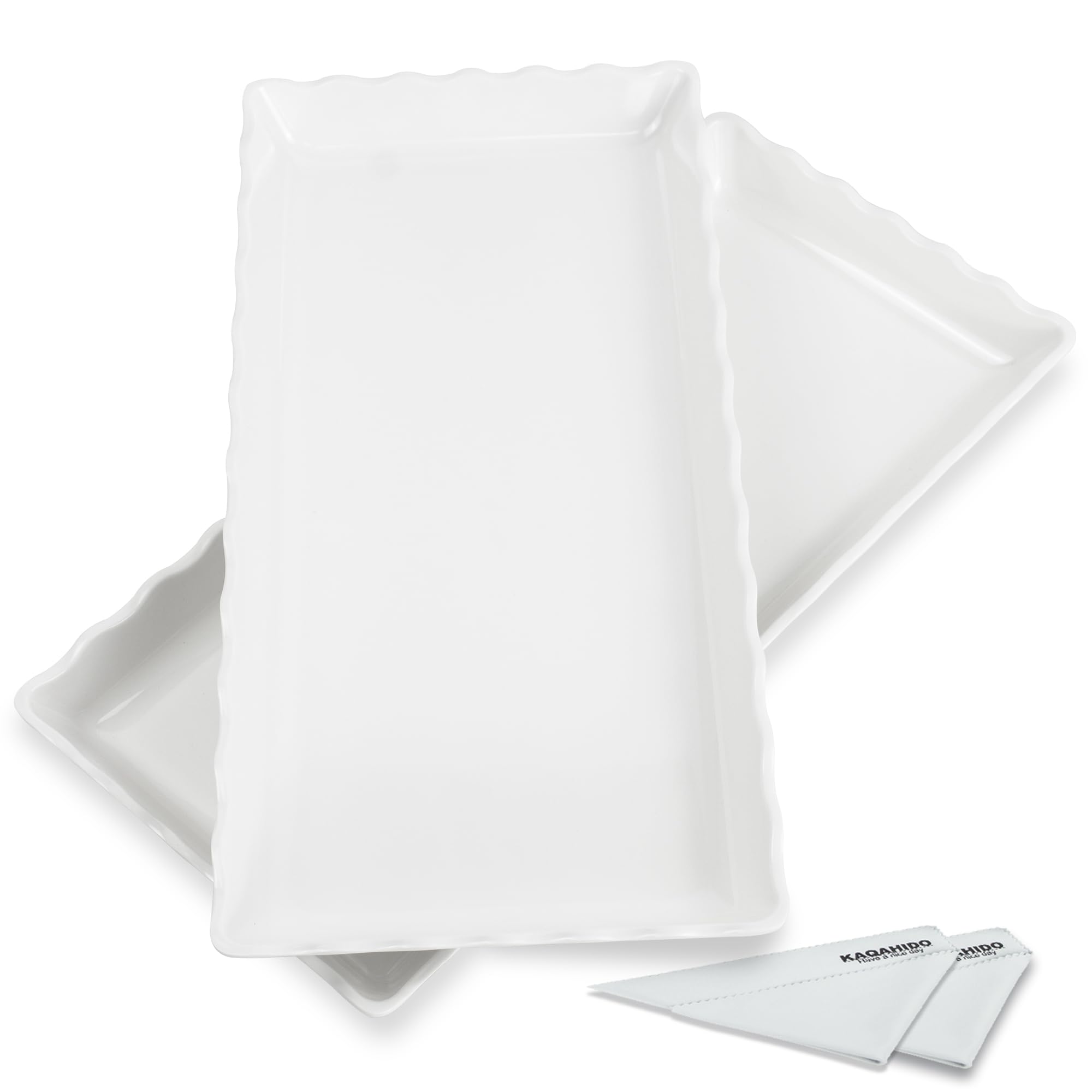 KAQAHIDO 17" x 8" x 1.5" White Serving Tray Set, Wave Edge Melamine Platters for Cookie, Appetizer, Charcuterie, Snack, Dessert, Party Food Display, Stackable, Set of 2