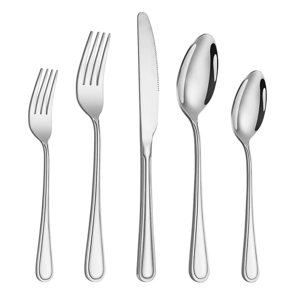 40 Pcs Silver Silverware Set for 8, Food Grade Stainless Steel Flatware Set, Eating Utensils Sets Include Fork/Knife/Spoon, Reusable Cutlery Set for Home Kitchen, Dishwasher Safe, Round Hammered