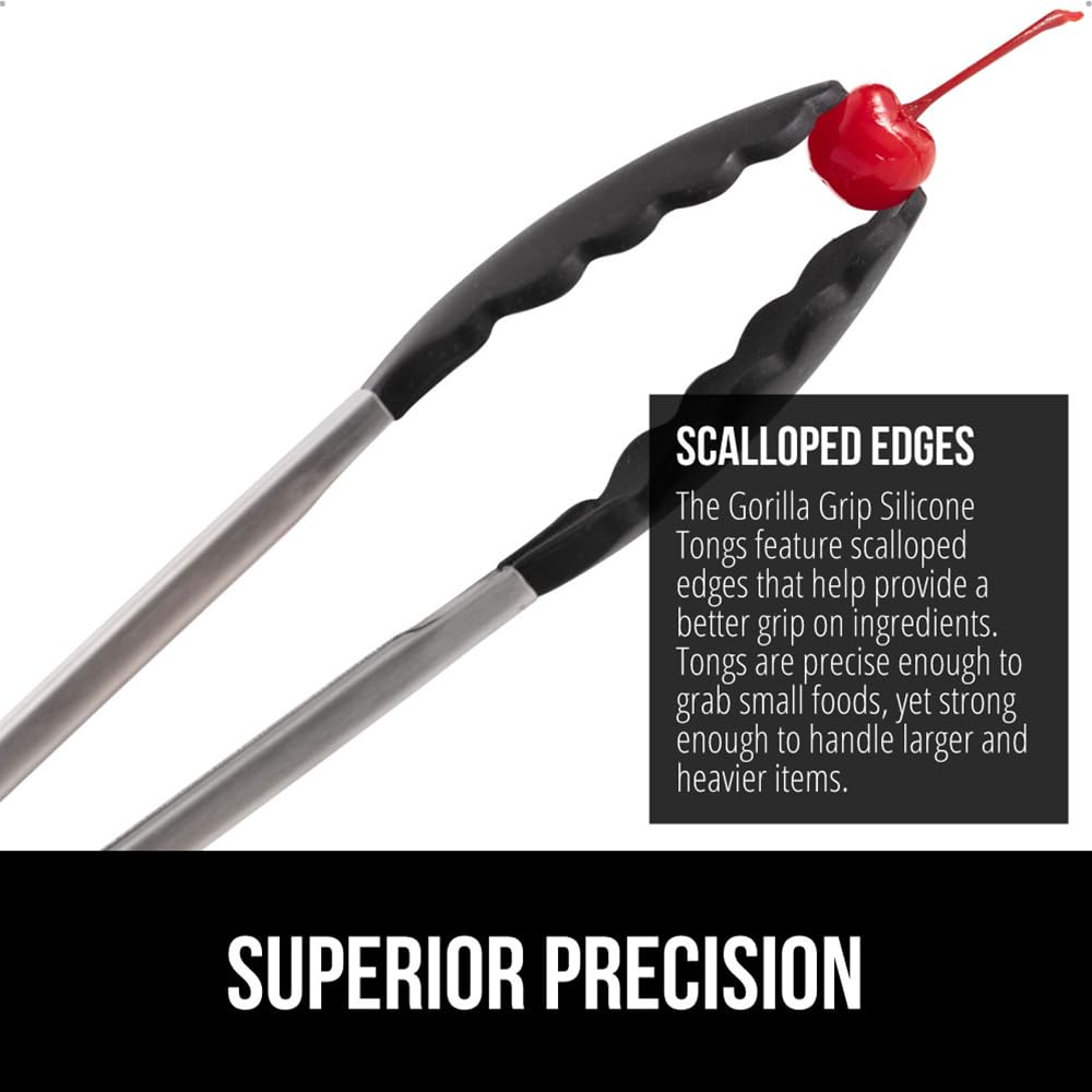 GORILLA GRIP Stainless Steel BPA-Free Kitchen Tongs for Cooking, 7+9+12 Inch, Heat Resistant BBQ Tong Set of 3, Non Scratch Silicone Tip for Pan, Strong Grip, Grab Food, Toss Salad, Pull Lock, Black
