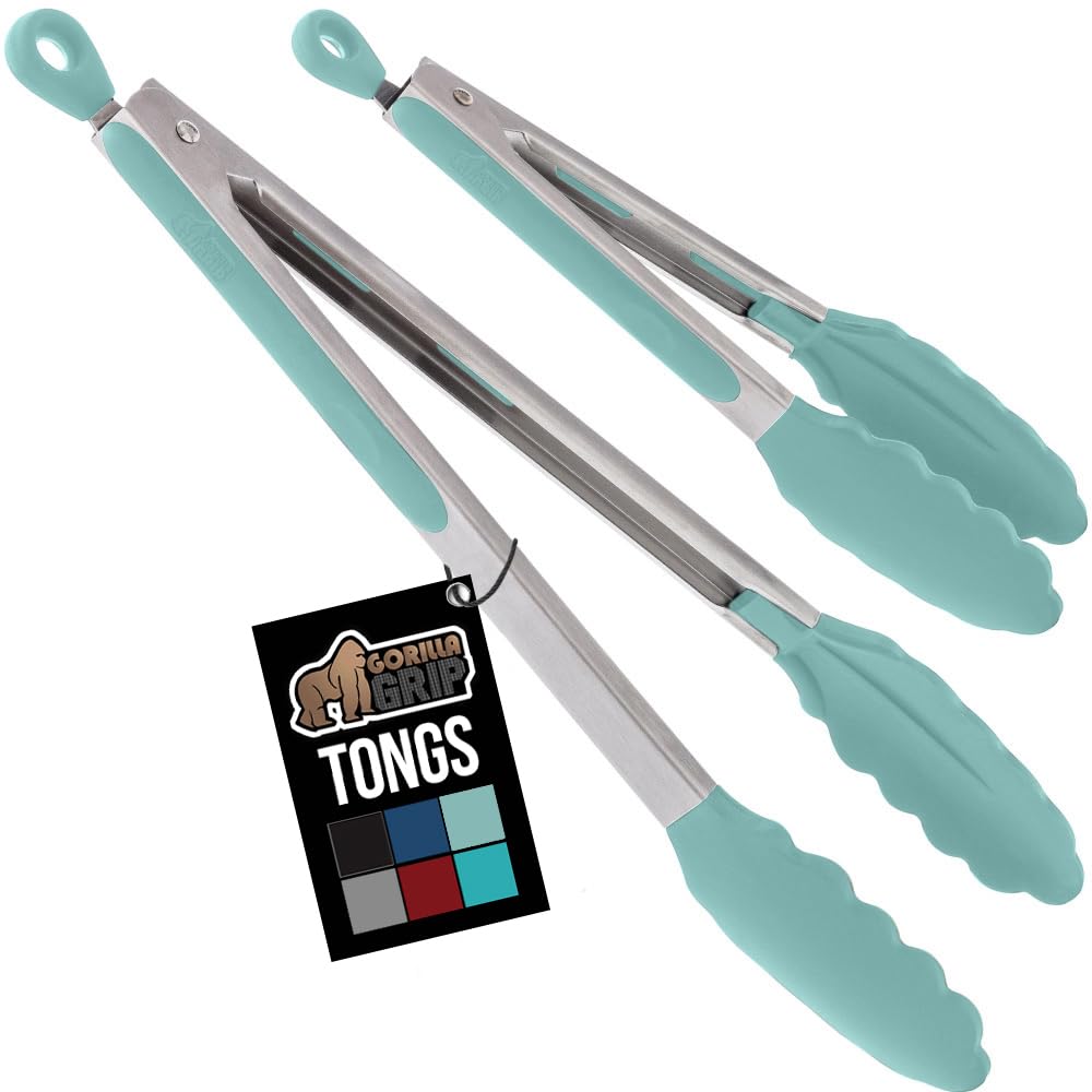 GORILLA GRIP Stainless Steel BPA-Free Kitchen Tongs for Cooking, 9+12 Inch, Heat Resistant BBQ Tong Set of 2, Non Scratch Silicone Tip for Pan, Strong Grip, Grab Food, Toss Salad, Pull Lock, Mint