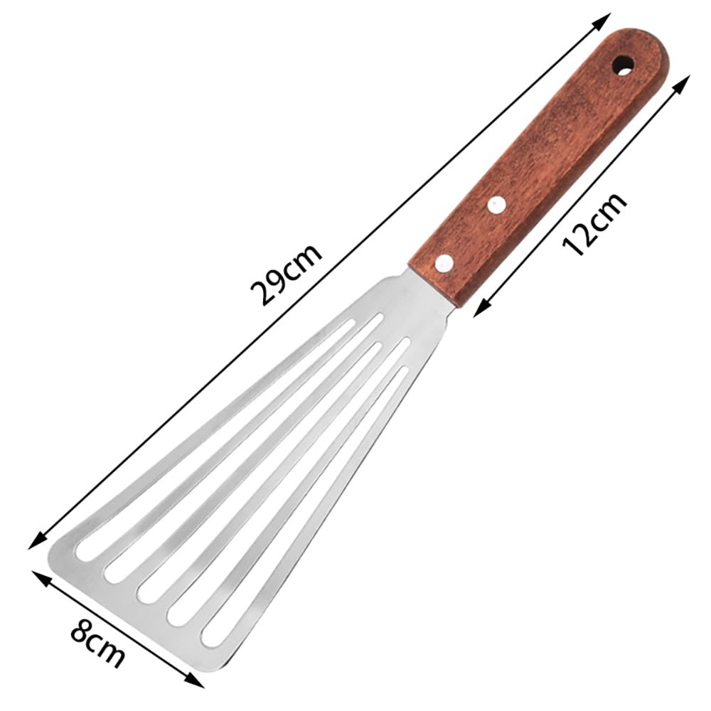 Stainless Steel Fish Spatula with Wooden Handle, Metal Spatula Flipping Foods, Slotted Fish Flipper, Brown 2 Pack