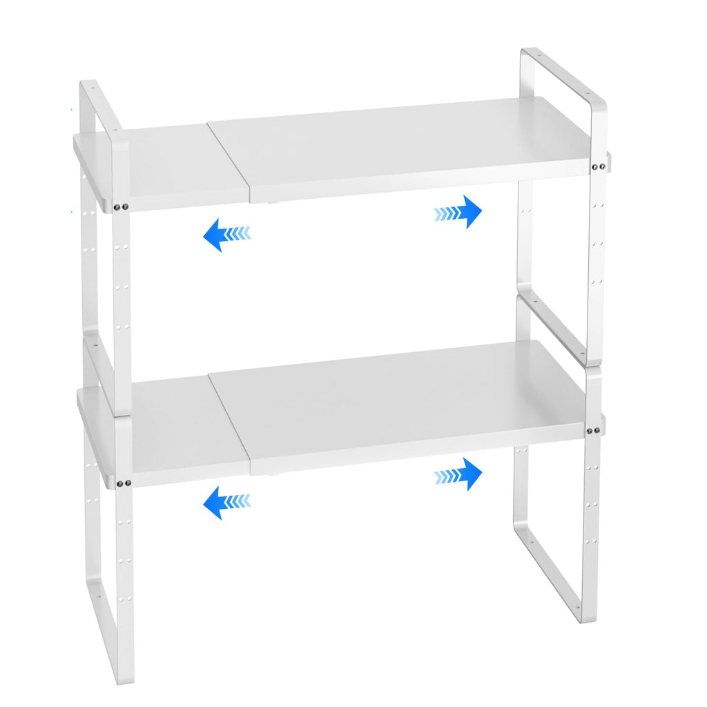 KIKIBRO Expandable Cabinet Shelf Organizer, Stackable Kitchen Pantry Counter Storage, Adjustable Closet Cupboard Stand Rack Risers Spice Organization 80LBS Heavy Duty Black Large 2 Pack