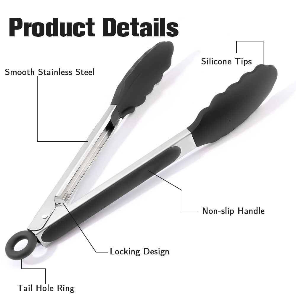 Kitchen Tongs 9'' and 12'' Tongs for Cooking 2 Pcs Black Silicone Tongs Stainless Steel Locking Food Tongs with Silicone Tips Heat Resistant Serving Tong for BBQ Food Grilling Salad Kitchen Utensils