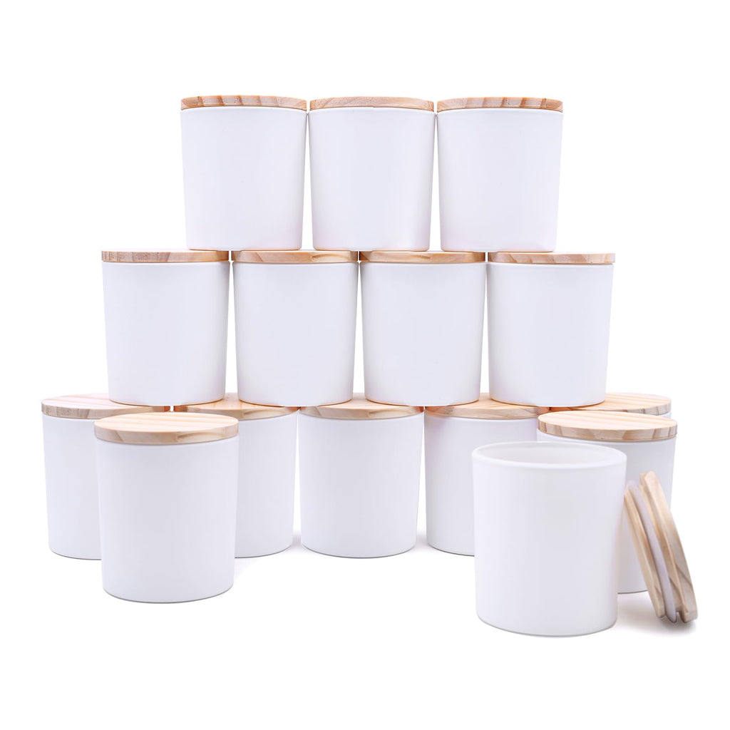 SHOWIN 10 OZ Thick Candle Jars for Making Candles 15 Pcs, Empty Jars with Wood Lids for Candle Making, Sample Container, Frosted Grey