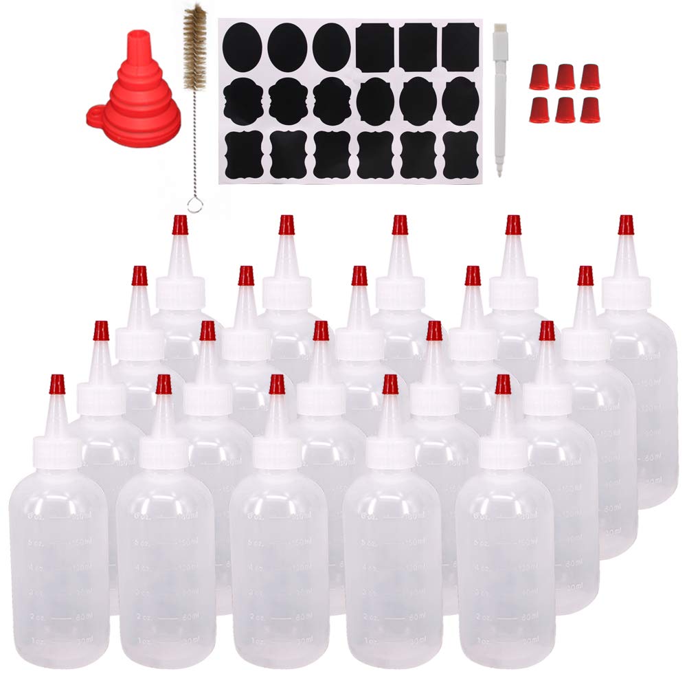 Belinlen 20 Pack 6-Ounce Plastic Squeeze Bottles with 20pcs Red Tip Caps and Measurement - Good for Crafts, Art, Glue, Multi Purpose Set of 20 with extra 6 Red Cap 36 Chalk Labels and 1 Pen
