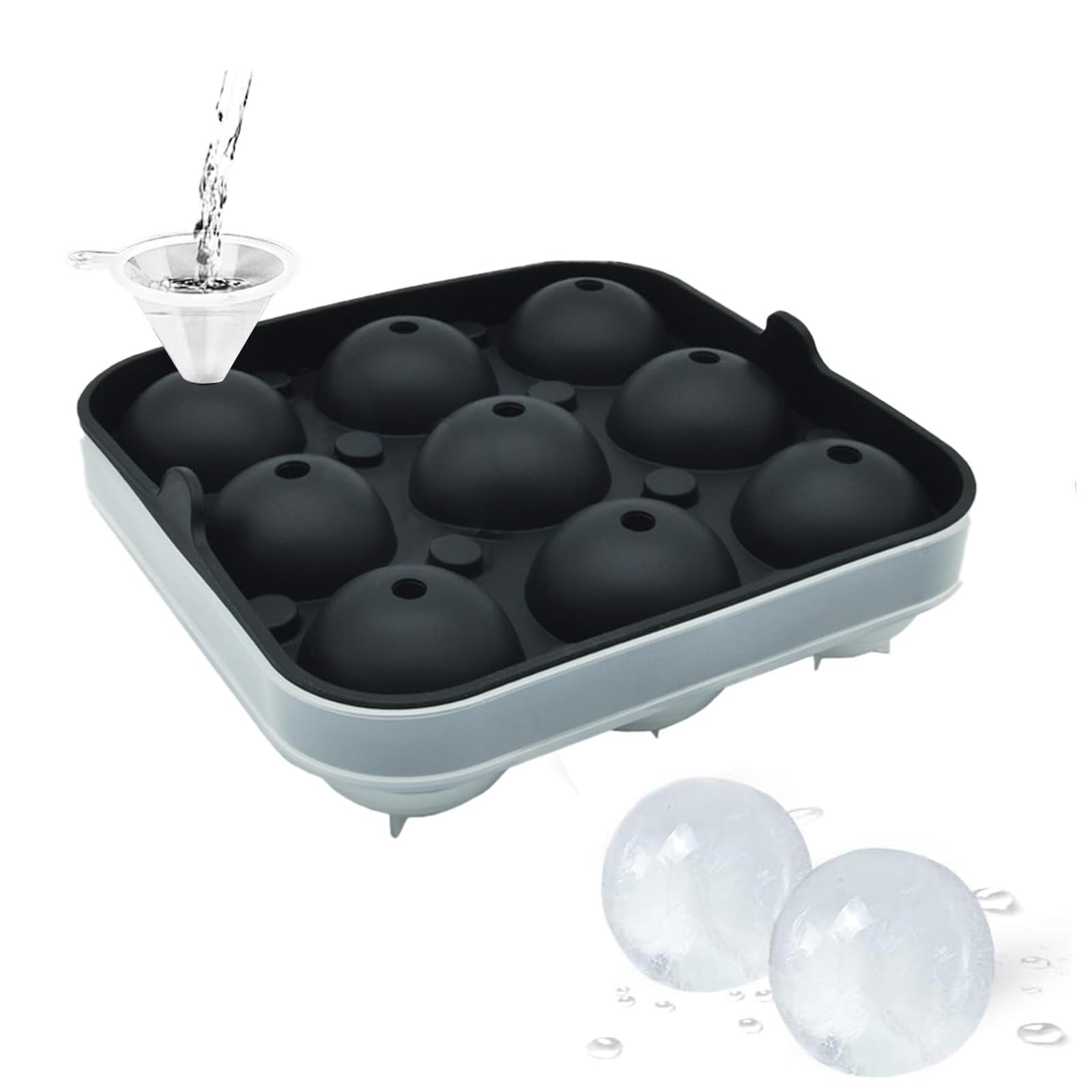 Samuelworld Large Ice Ball Maker with Lid, 9 x 2 Inch Ice Balls - Food Grade, Easy To Fill Round Silicone Ice Tray, Perfect Spheres Craft Ice Maker for Whiskey, Cocktails, Gifting - Black
