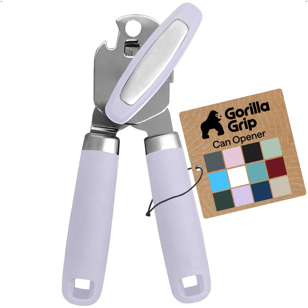 GORILLA GRIP Original Model Stainless Steel Smooth Edge Manual Can Opener and Bottle Openers, US Designed, Comfortable Handle, Oversized Handheld Turn Knob, Multifunctional Kitchen Tool, Lavender