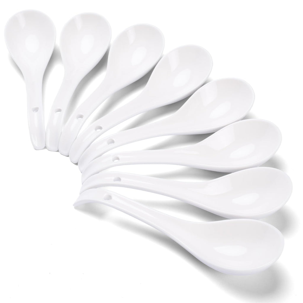 Soup Spoons Set of 8, Ceramic Chinese Soup Spoon, Asian Soup Spoons, White Japanese Spoon Large for Ramen Pho Wonton Dumpling Miso, Deep Oval Hook Design (8 pcs-6.7 inch)