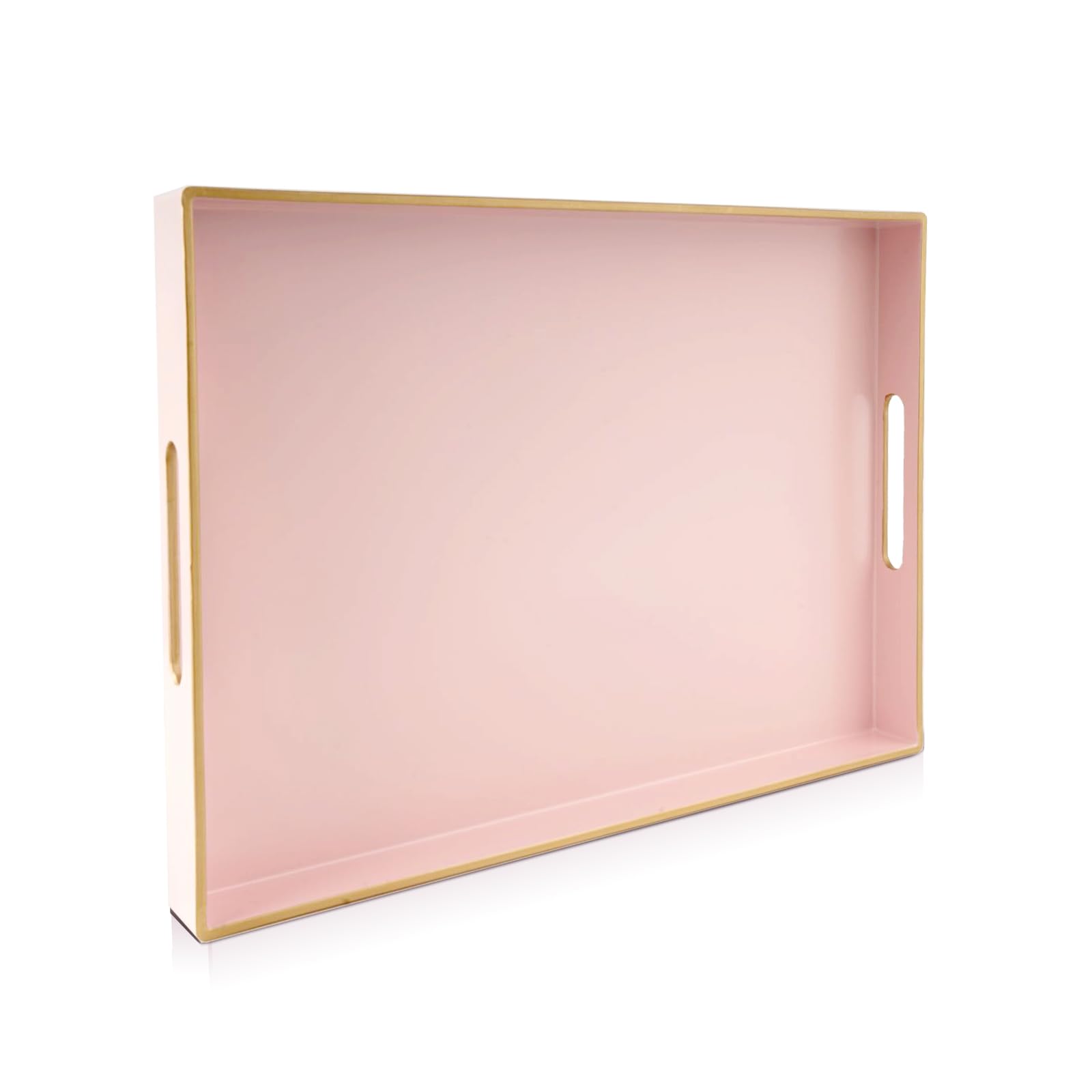 Gifturbo Pink Large Serving Tray with Handles，Rectangular Plastic Elegant Decorative Coffee Table Tray for Ottoman, Living Room, Bathroom, Home Decor, Vanity Trays with Gold Trimming, 15.7” x 11.8”
