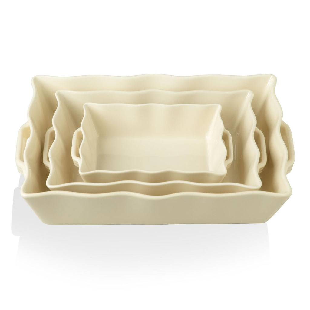 Sweejar Casserole Dishes for Oven, Ceramic Bakeware Set of 3, Rectangular Baking dish with Handles, Wave Edge Lasagna Pan Deep for Cooking, Cake, Dinner, Banquet and Daily Use (White)