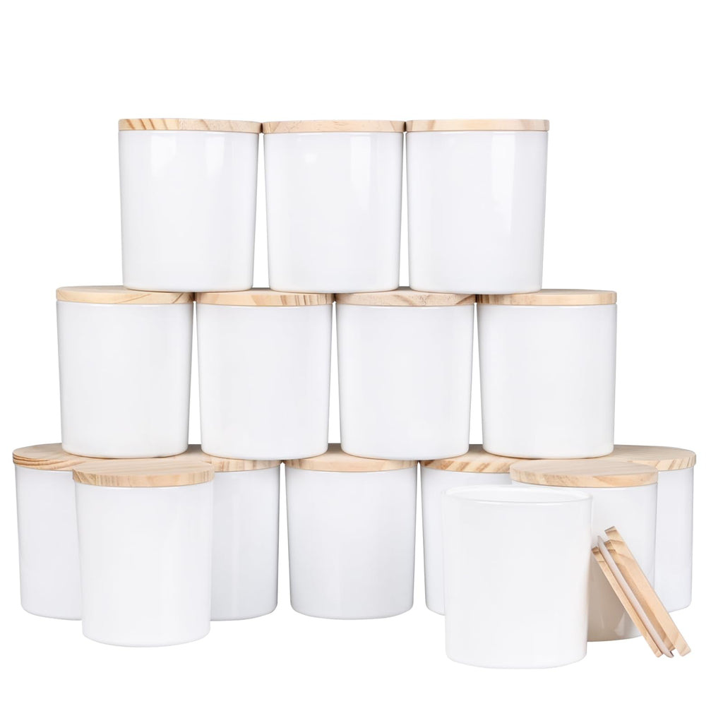 SHOWIN 10 OZ Thick Candle Jars for Making Candles 15 Pcs, Empty Jars with Wood Lids for Candle Making, Sample Container, Frosted Grey