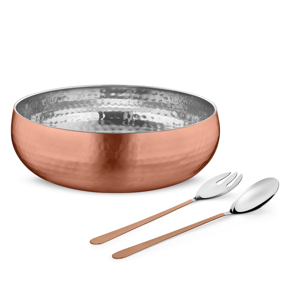 Avador® Set of 3 Premium Stainless Steel Salad Mixing Bowl Hammered Finish | Handmade | Includes Salad Serving Utensils (Stainless Steel)