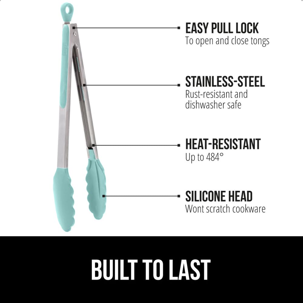 GORILLA GRIP Stainless Steel BPA-Free Kitchen Tongs for Cooking, 9+12 Inch, Heat Resistant BBQ Tong Set of 2, Non Scratch Silicone Tip for Pan, Strong Grip, Grab Food, Toss Salad, Pull Lock, Mint