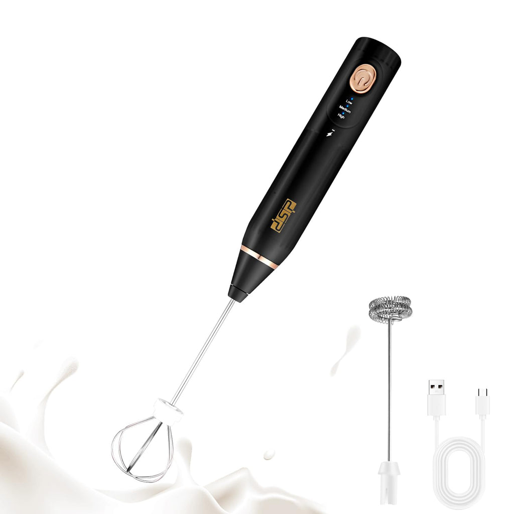 DSP Electric Whisk Rechargeable with Egg whisk milk frothing bar, 3 Speed Adjustable, Milk Frother Handheld for Latte, Cappuccino (Black)
