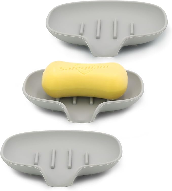 3 Pack Soap Bar Holder, AIMAIAIMAI Self Draining Soap Dish, Quick Drainage, Soap Dishes for Bathroom, Shower, Silicone Soap Tray for Kitchen, BPA-Free, Dishwasher Safe (Gray)
