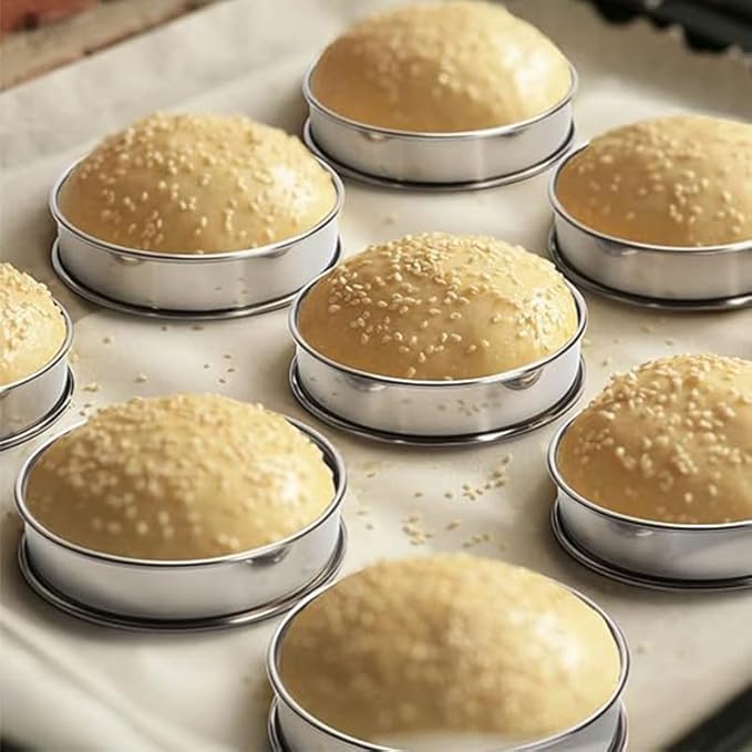 HLMOptimo English Muffin Rings, Stainless Steel Crumpet Rings, 6 Pcs Nonstick Metal Round Ring Molds with Silicone Oil Brush (4 inch 12 pcs)