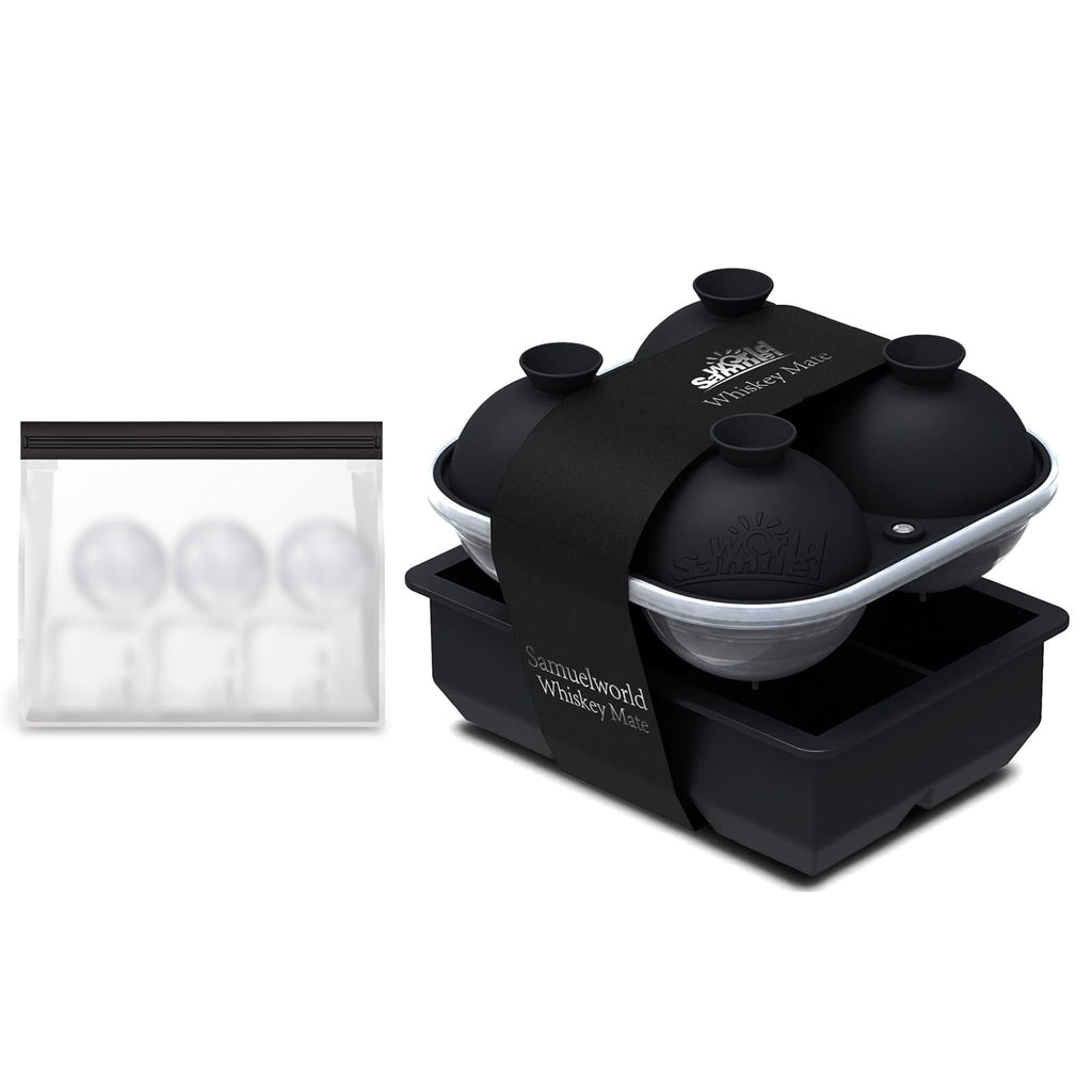 Samuelworld Premium Ice Tray Combo, Large Ice Sphere Maker & Giant Ice Cube Trays, 2 Packs, Food Grade, Easy To Use, Spill-Free Integrated Funnels, Whiskey Bourbon Cocktails (Black)